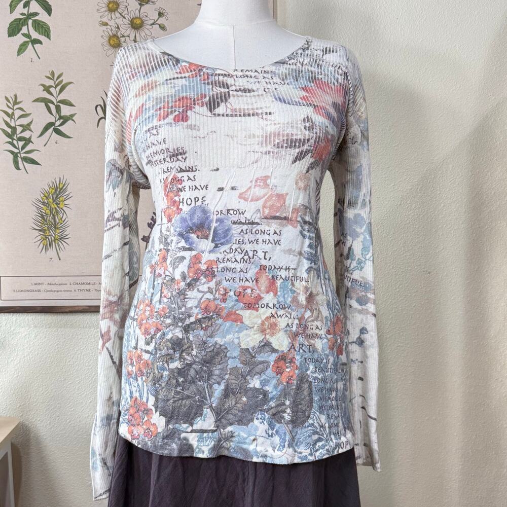 Y2k Floral Long Sleeve Ribbed Knit Babydoll Top Fairy Grunge Forest Boho Artsy L